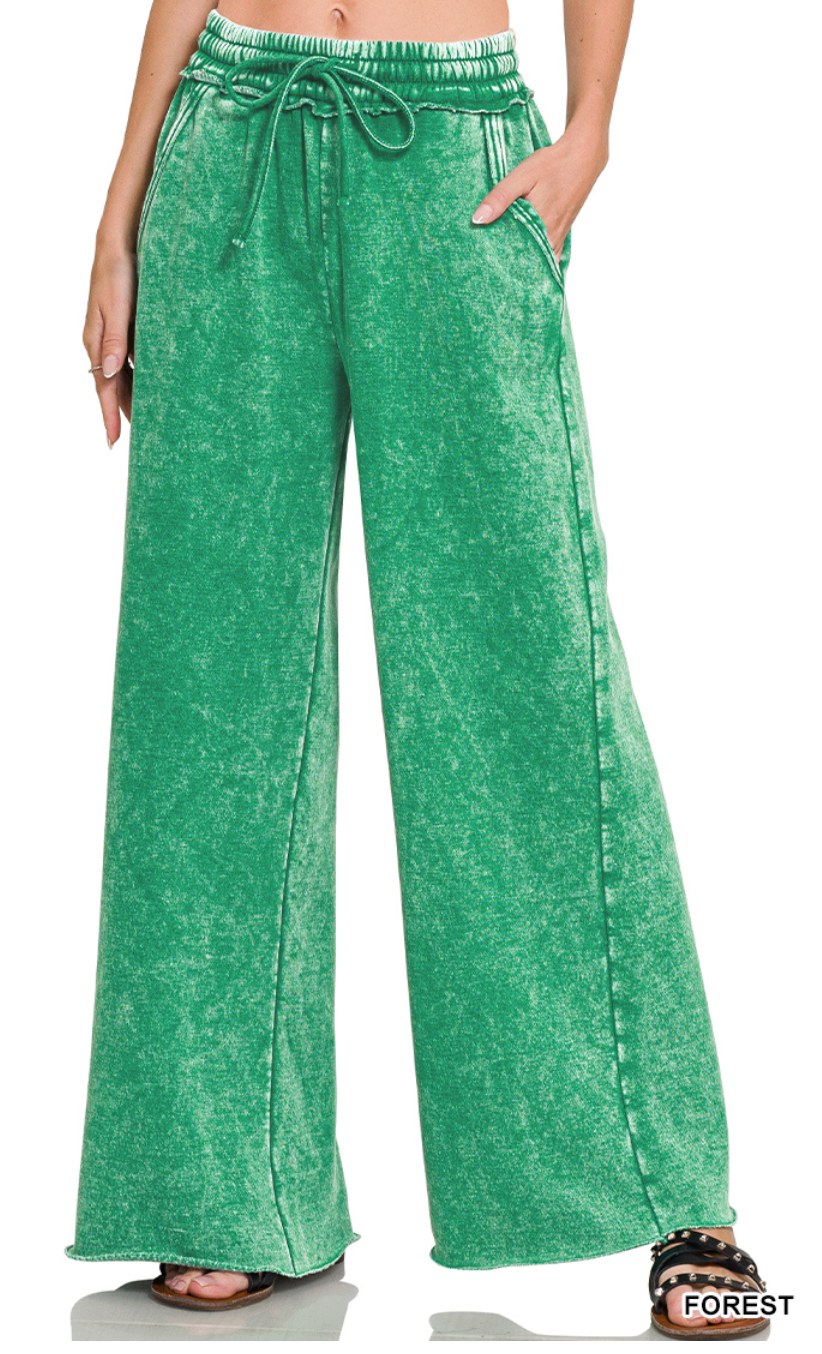 Zenana Acid Wash Fleece Palazzo Sweatpants With Pockets