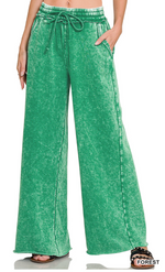 Zenana Acid Wash Fleece Palazzo Sweatpants With Pockets