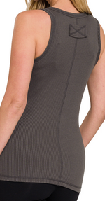 Zenana Ribbed Scoop Neck Henry Tank - Black