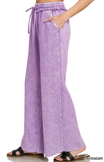 Zenana Acid Wash Fleece Palazzo Sweatpants With Pockets