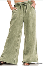 Zenana Acid Wash Fleece Palazzo Sweatpants With Pockets