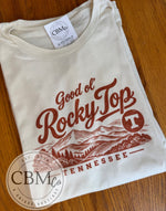 Good Ol’ Rocky Top design photographed on a natural-colored tee