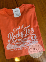 Good Ol’ Rocky Top design photographed on an orange tee
